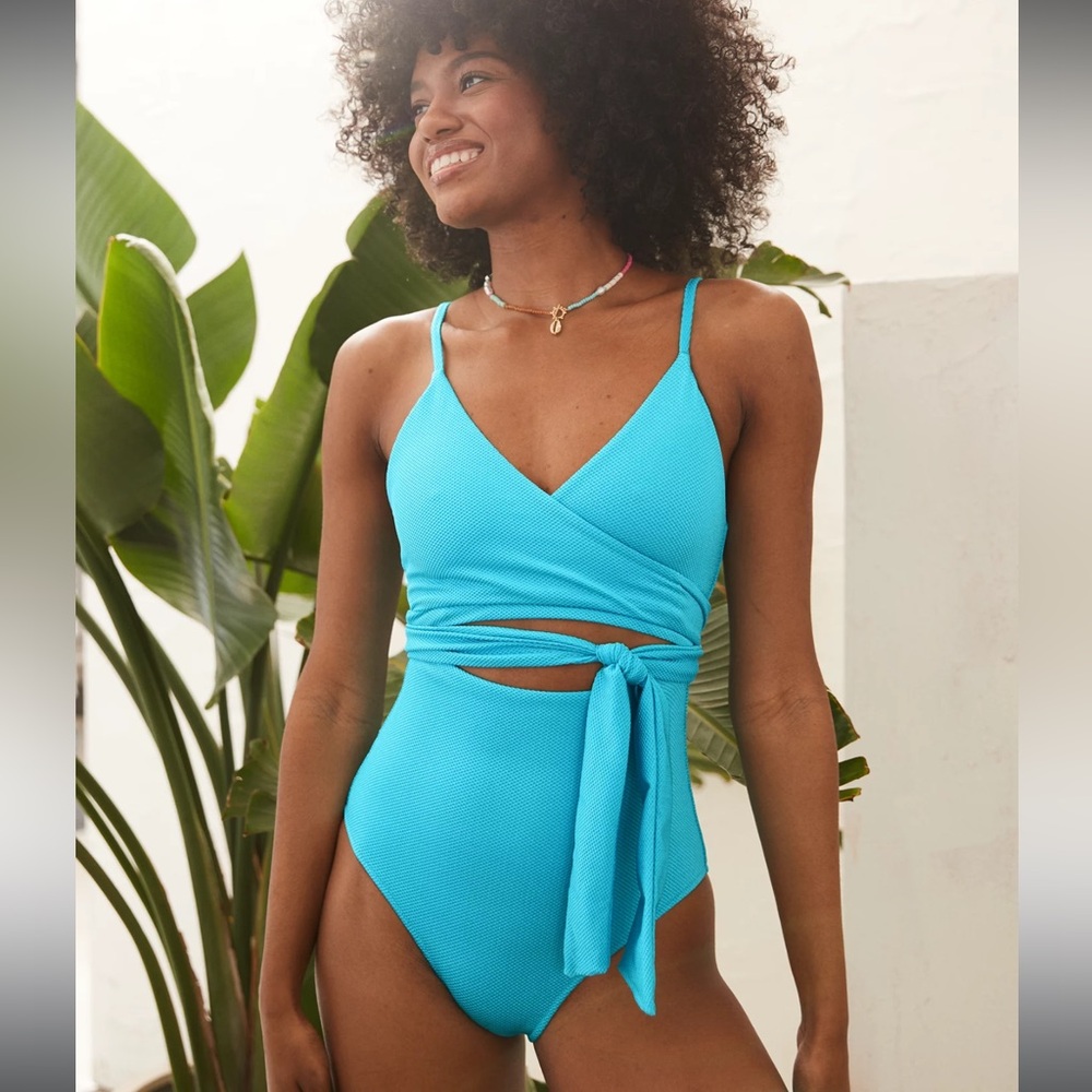 Aerie Shine Pique Wrap One Piece full‎ coverage blue tie swimsuit size Large NWT
